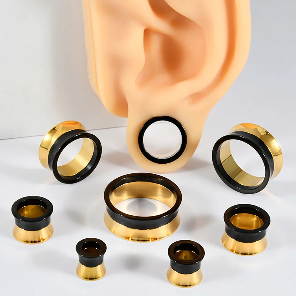 1PC Hollow Stainless Steel Double Color Ear Plugs Gold&Black Ear Gauges/Expander/Stretcher Piercing Body Jewelry 8-25mm
