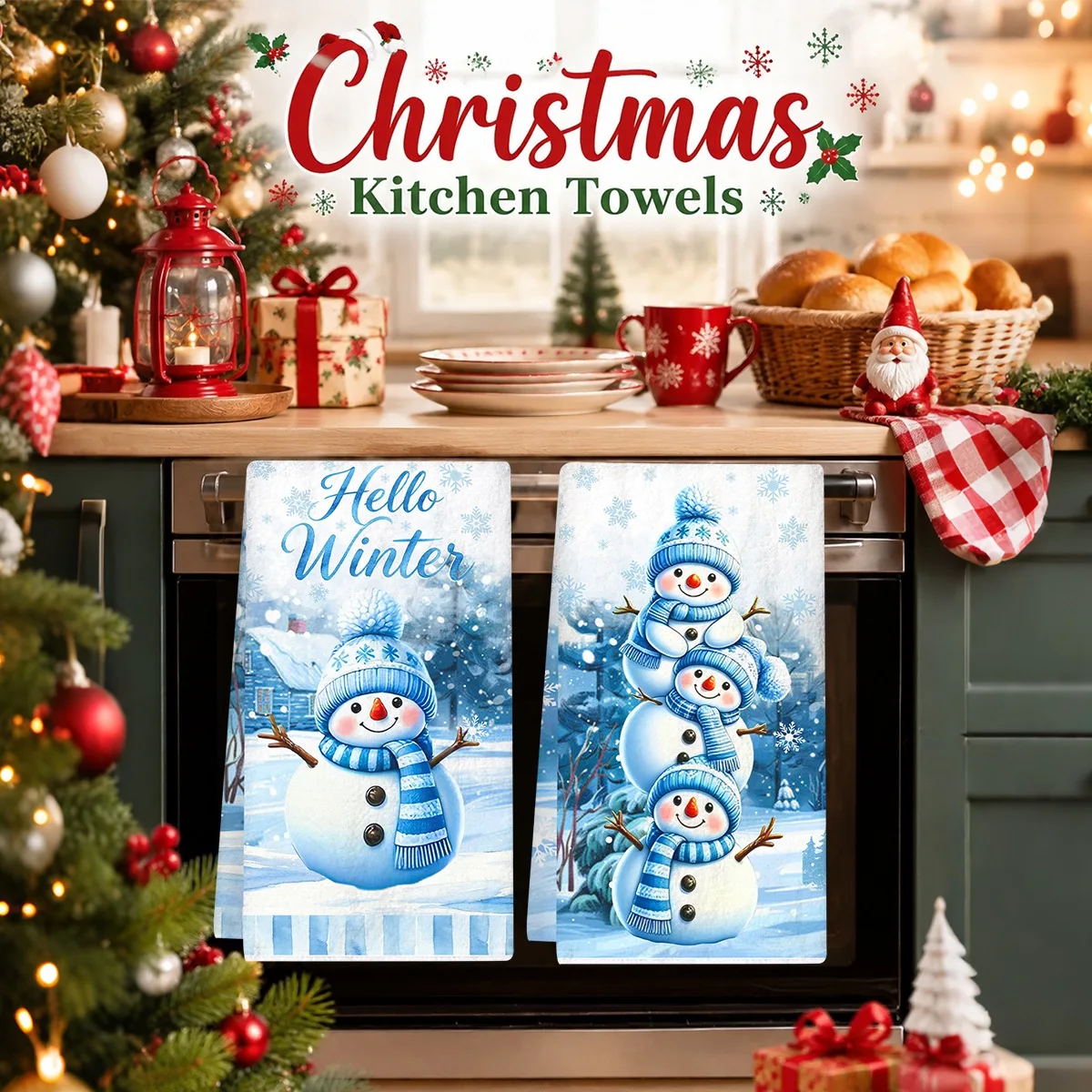 2pcs Merry Christmas Blue Dish Towels Snowflake Snowman Printed Dish Cloth Home Kitchen Bathroom Tableware Decoration for 2026