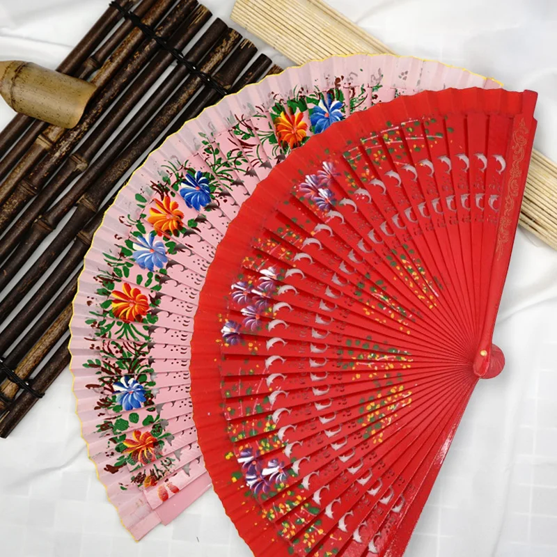 Spanish Painted Wood Folding Fan Classical Dance Performance Folding Fan Hollow Carving Hand Fan Crafts Home Decor Photo Props