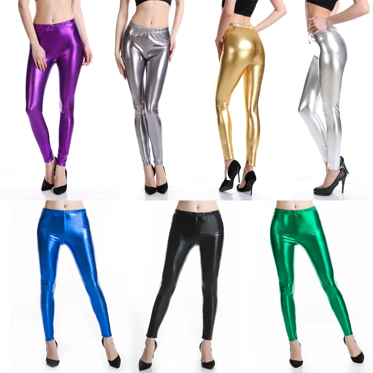 PU Faux Leather Leggings for Women Elastic Waist Glitter Bright Metallic Gold Silver Trousers Sexy Shining Punk Pencil Pants