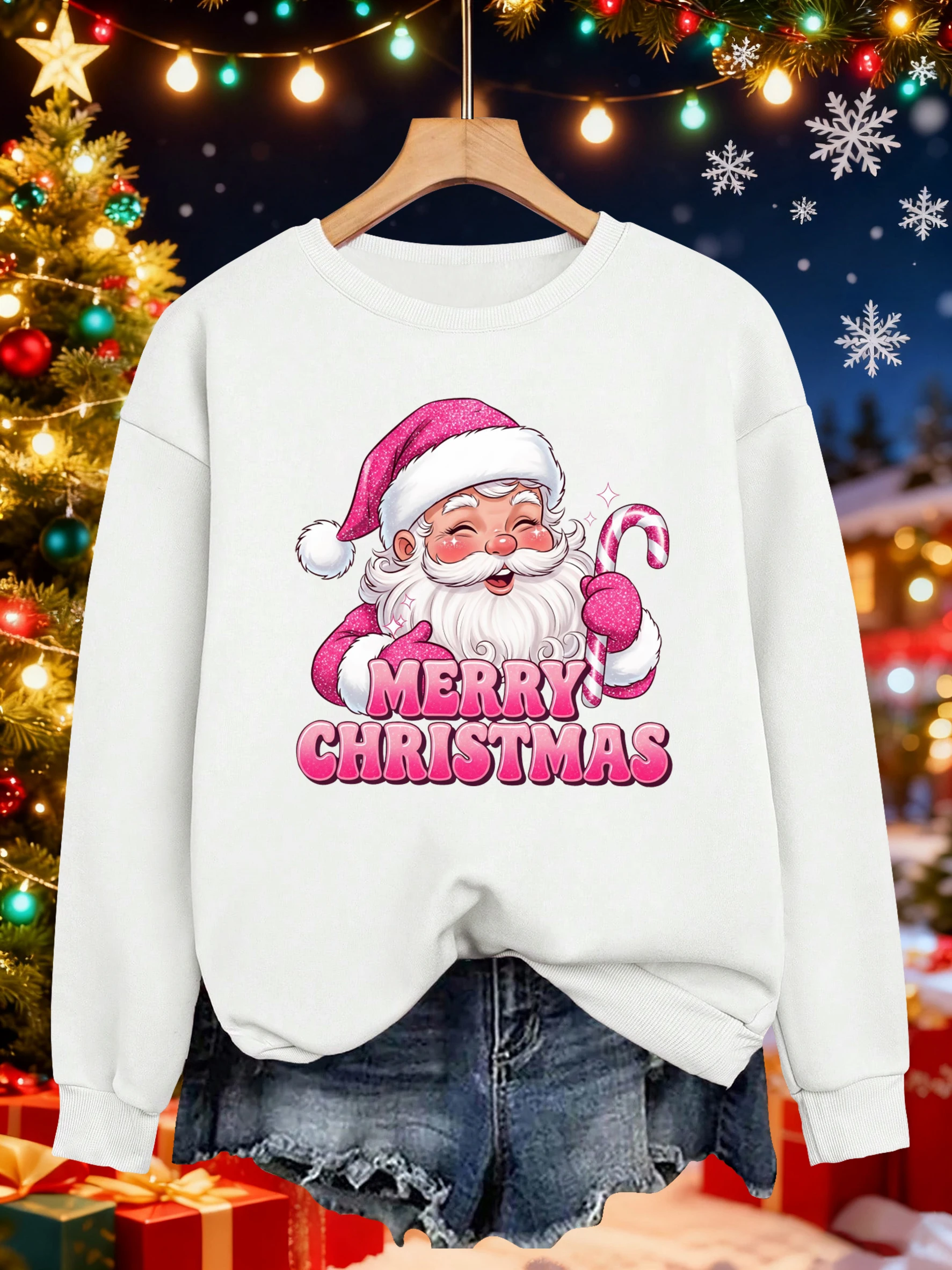 เสื้อสเวตเชิ้ตลายซานตาคลอสสีชมพูสำหรับผู้หญิง แฟชั่นเสื้อพูลโอเวอร์ผ้าฟลีซ คอกลม สไตล์สตรีทแวร์ ทรงหลวม สวมใส่สบาย สำหรับฤดูใบไม้ร่วง