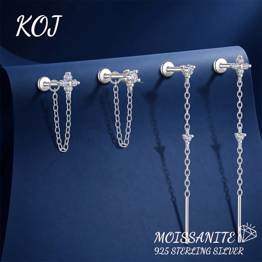 KOJ 1PC Dainty 925 Sterling Silver Moissanite Clover Long Dangling Chain Cartilage Stud Women Fine Jewelry For Daily Wear Gift