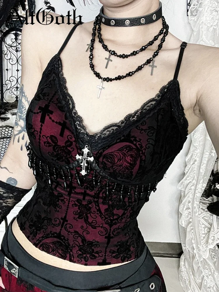 Vintage Mall Gothic Flocking Camisole Women Aesthetic Fairycore Grunge Y2k E-girl Lace Patchwork Beading Crop Tank Tops
