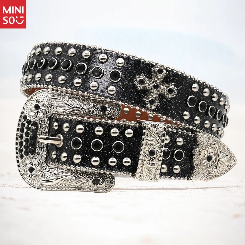 

Miniso Luxury Rhinestone Belt for Men, Punk Hip Hop Waistband, Women's Dress Belt