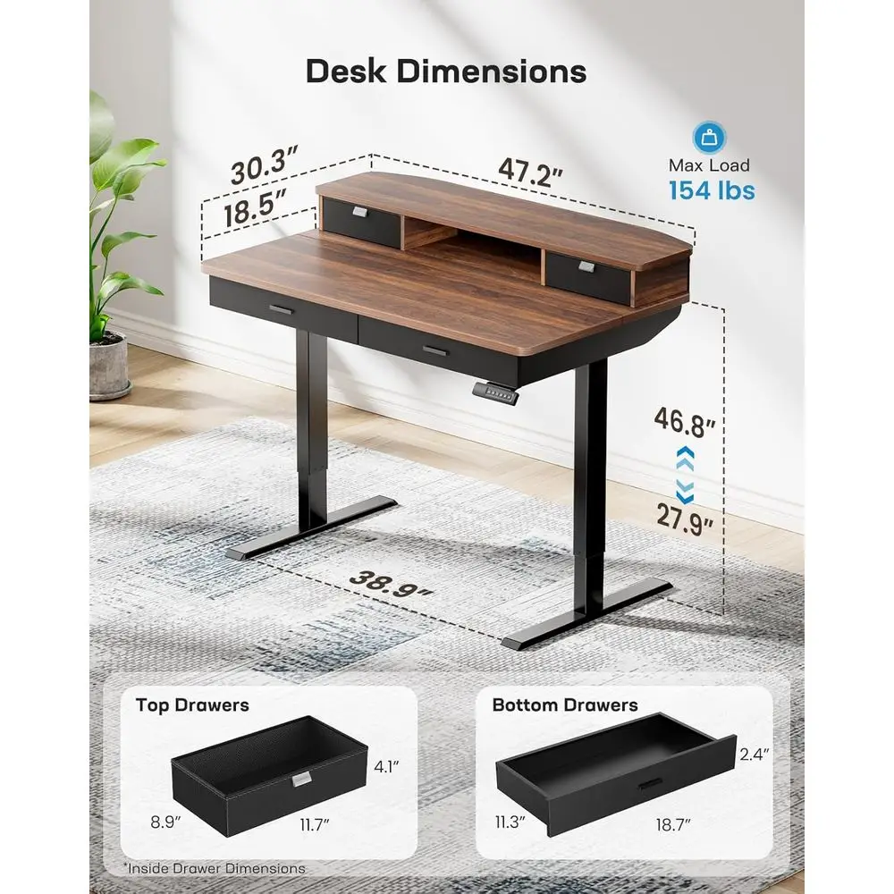 مكتب قائم كهربائي مقاس 48 × 30 بوصة مع 4 أدراج، ارتفاع قابل للتعديل، حامل مكتب منزلي مع طبقتين، ضبط مريح
