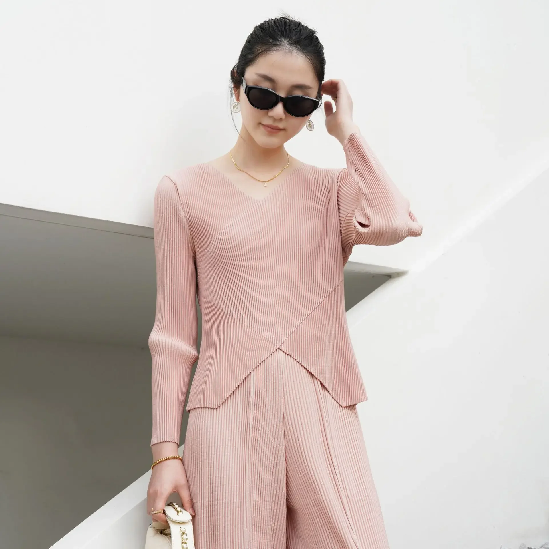 Miyake Style Women Pink Pleated Top 2026 New V Neck Cross Wrap Long Sleeve Blouse Textured Shirt