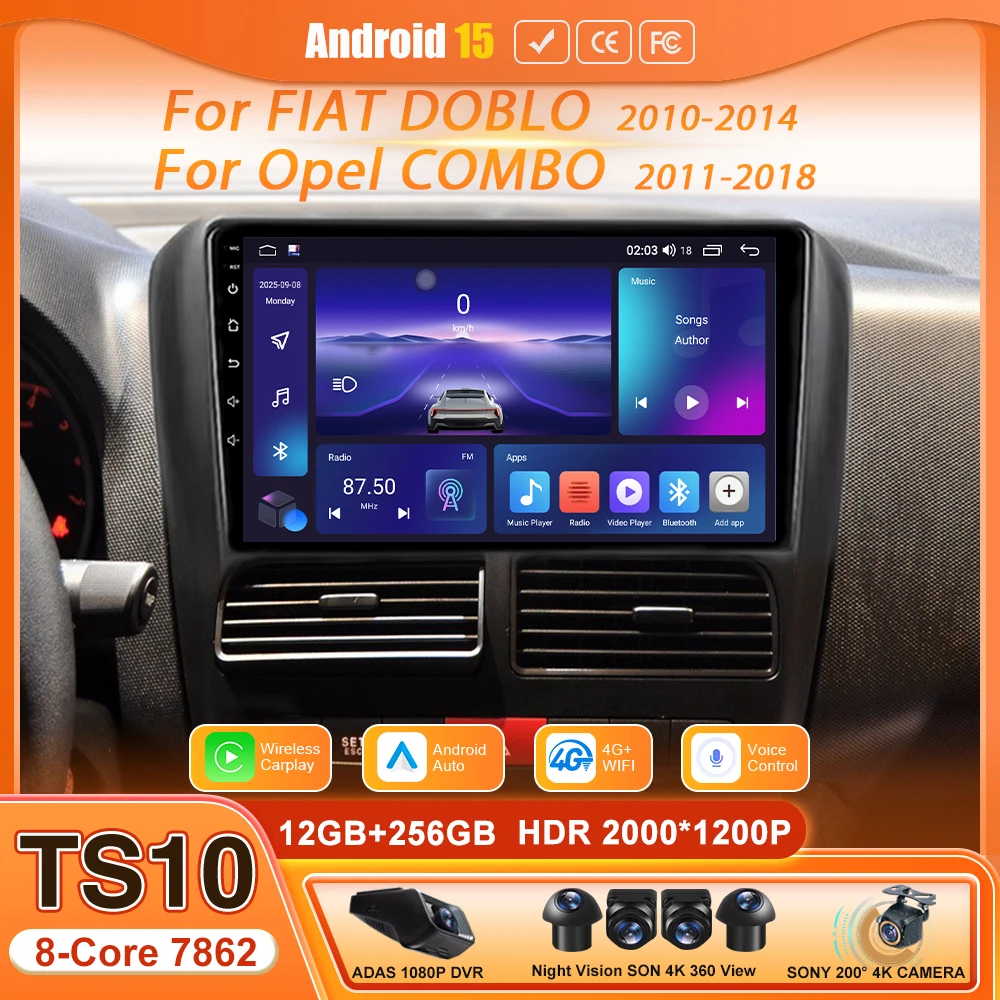 Android 15 Carplay Multimedia Player GPS Navigation Audio Camera BT for FIAT DOBLO 2010 - 2014 Opel COMBO 2011 - 2018 Car Radio