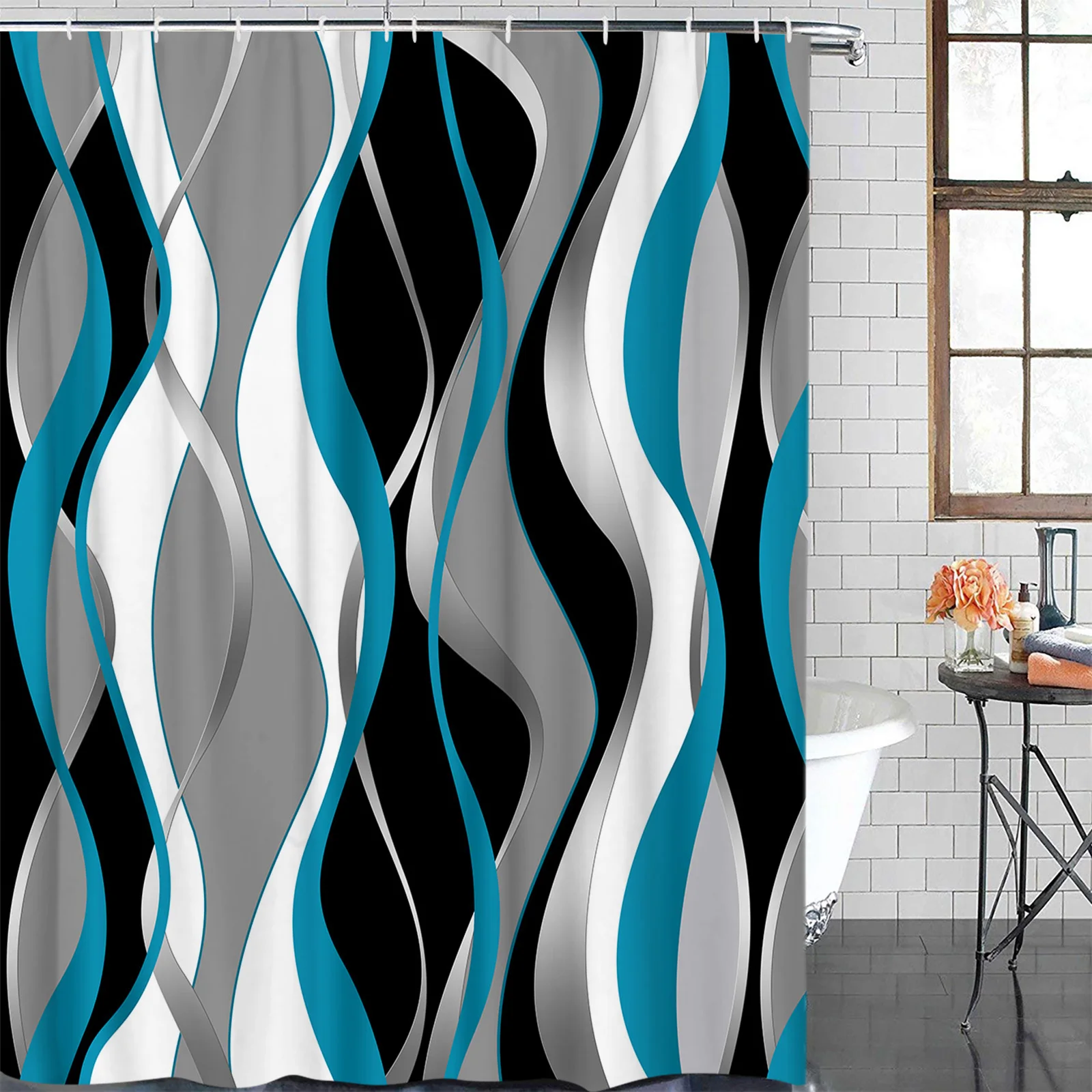 Abstract Lines Gradient Blue Waterproof Bathroom Decoration Shower Curtain Printed Bathtub Curtains Bathroom Accessories