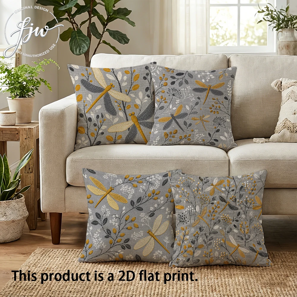 4pcs Dragonfly and Floral Throw Pillow Covers, Neutral Gray Yellow Farmhouse Decorative Cushion Cases for Sofa Bedroom