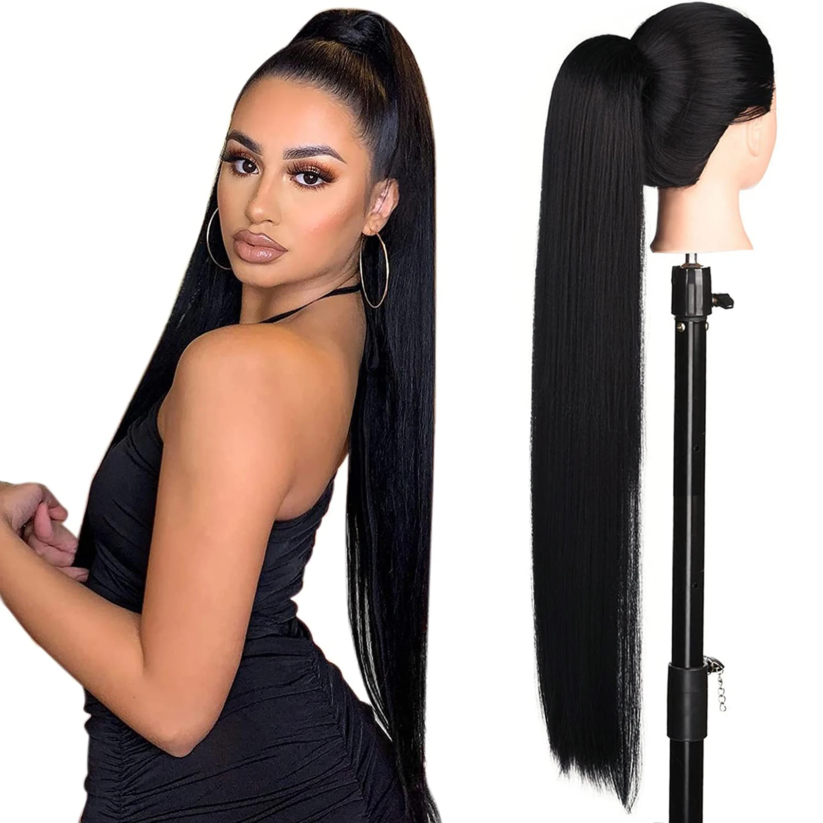 Teresahr Synthetic 36 inch Ponytail Extension Half Yaki Drawstring Ponytail Black Long Kinky Straight 50% Yaki Pony Tails