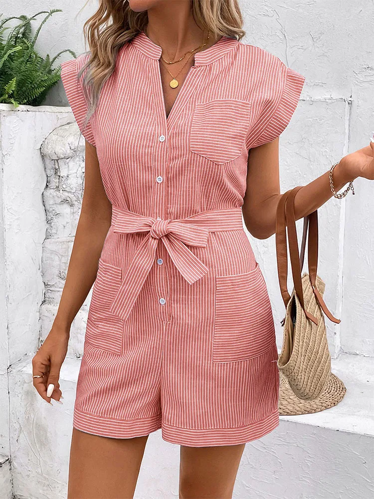 2024 New European and American Summer Women\'s Cross border Fine Stripe Short Sleeve jumpsuit shorts
