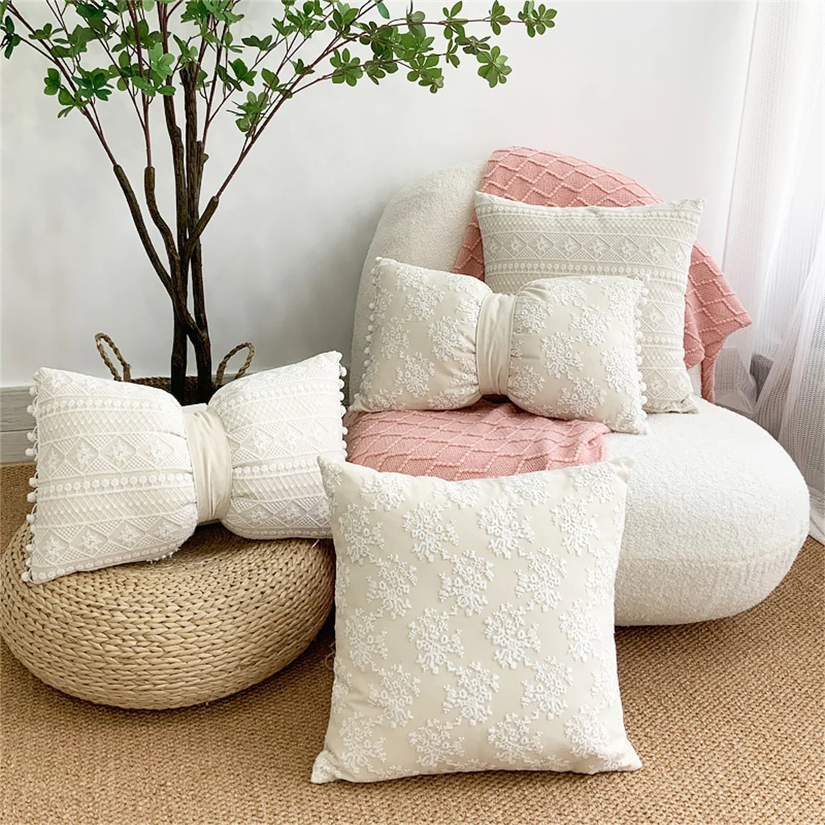 30X50CM French Style Light Luxury Lace Pillow Ins Cotton Linen Floral Sofa Pillow Cushion Cover Butterfly Knot Waist Pillowcase