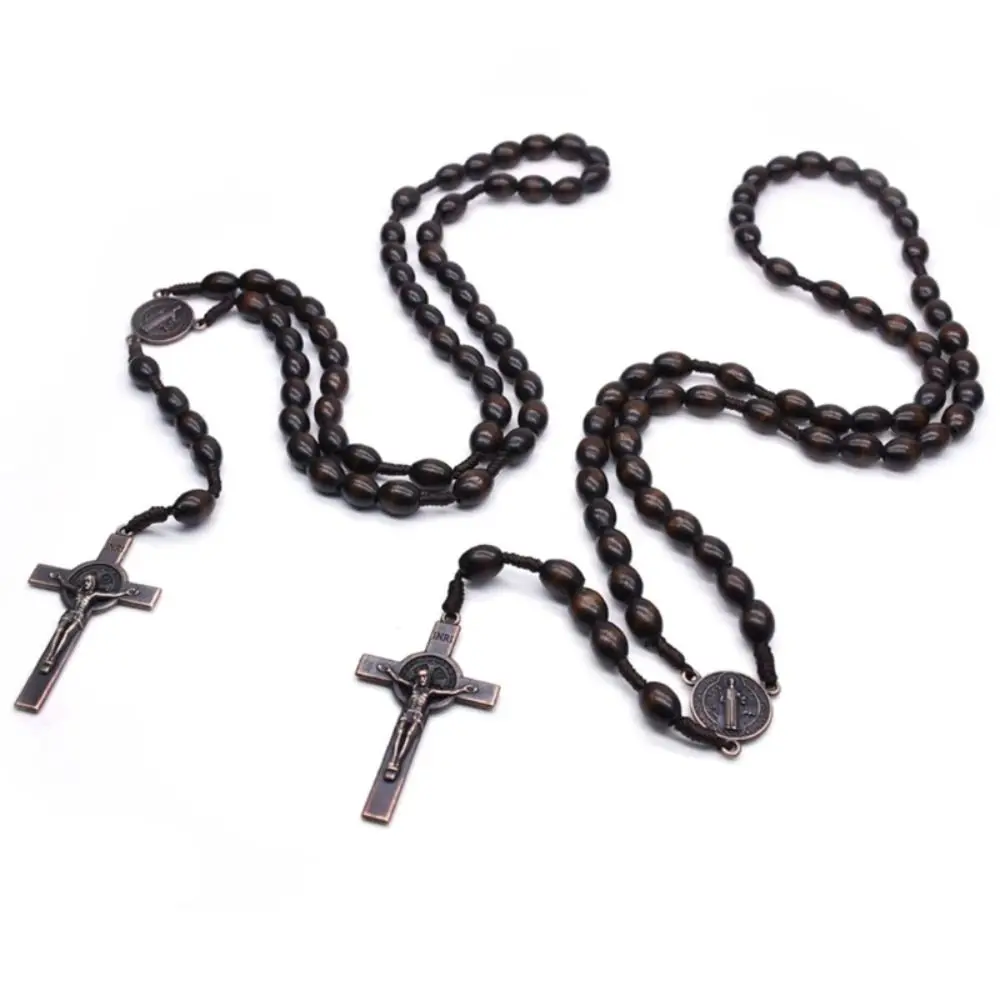 Car Hanging Ornament Handmade Rosary Necklace Wood Catholic Wood Beads Necklace Durable Religious Crucifix Pendant Chain Women