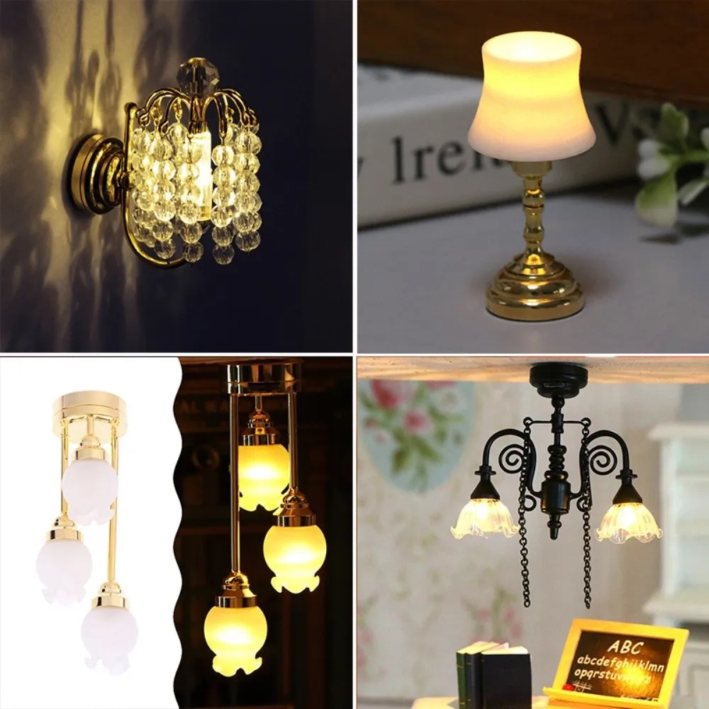 New 1:12 Dollhouse Colored Glass Lamp Mini 10 Styles Miniature LED Golden Light DIY Ceiling Lamp Chandelier House Accessories