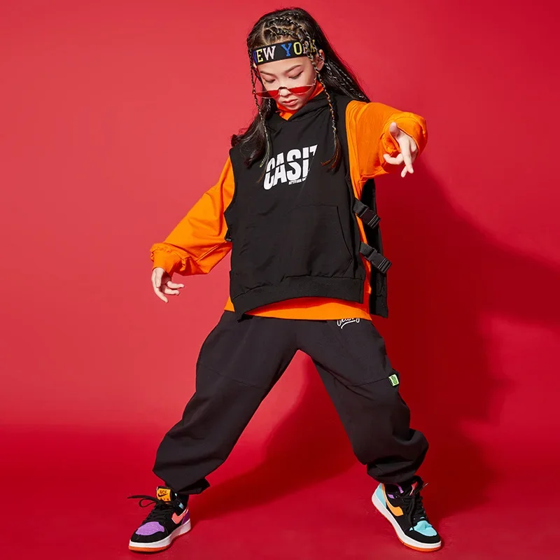 Boy Girls Jazz Dance Costume Clothes Kids Hip Hop Clothing Turtleneck Sweatshirt Top Sleeveless Jacket Vest Streetwear Pants