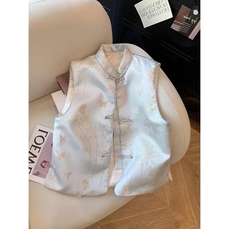 

Винтажные женские жилеты в китайском стиле с жаккардовым узором, воротником-стойкой и пуговицами, без рукавов, элегантные, для весны и осени, в стиле кунг-фу, ханьфу, CN-265