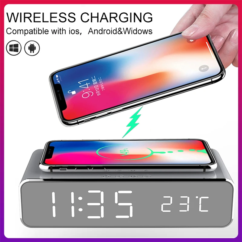 LED Alarm Clock QI Wireless Charger For Iphone Samsung Huawei With Digital Thermometer Date Display Electric