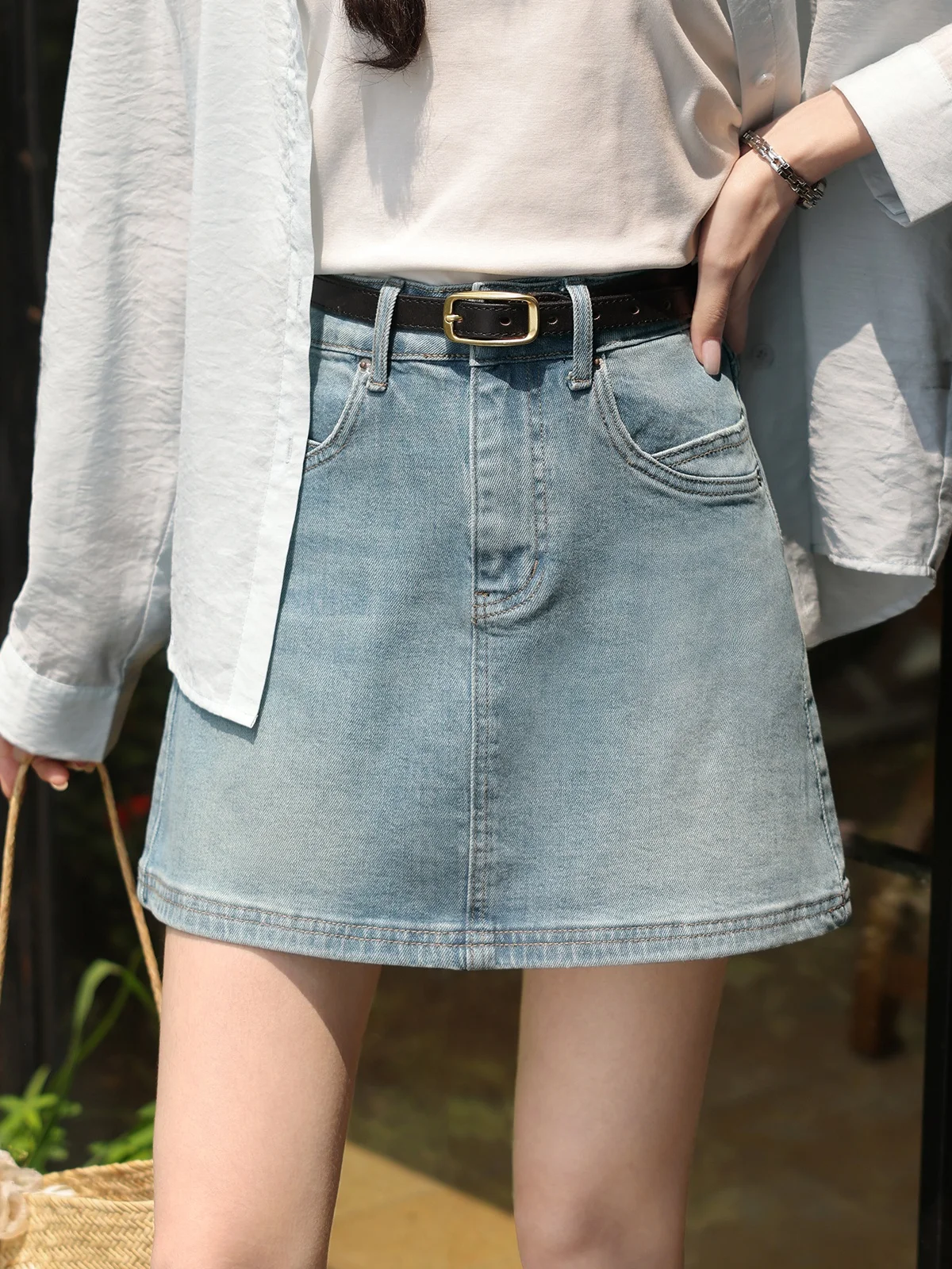 

Светло-голубая джинсовая юбка женская летняя новая повседневная с завышенной талией А-силуэта от Deer South Quiet