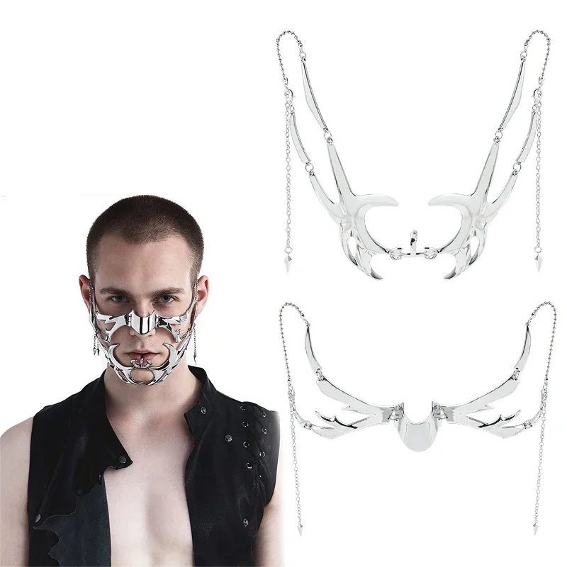 Máscara de lujo CyberPunk para hombres y mujeres, Color plateado Irregular, hueco, acero de titanio, accesorios faciales, pendiente para fiesta