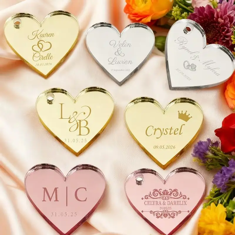 30/50/100 Uds. Etiqueta acrílica personalizada de corazón de amor grabado nombre de boda personalizado espejo de bautismo de bebé etiqueta dorada decoración Favor regalo