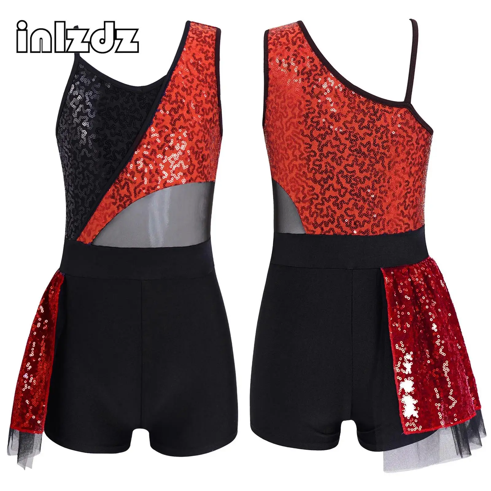 

Kid Girls Sequins Jazz Hip-Hop Latin Dance Costume Sleeveless Ruffle Hem Leotards Jumpsuit Ballet Gymnastics Dance Outfit