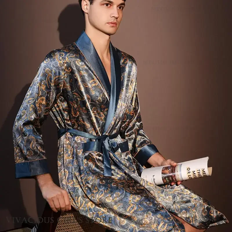 Men Robe Pajama Long Sleeve Kimono Bathrobe Gown with Pocket Luxury Print Male Sleepwear Home Clothes Loose Ice Silk Loungewear