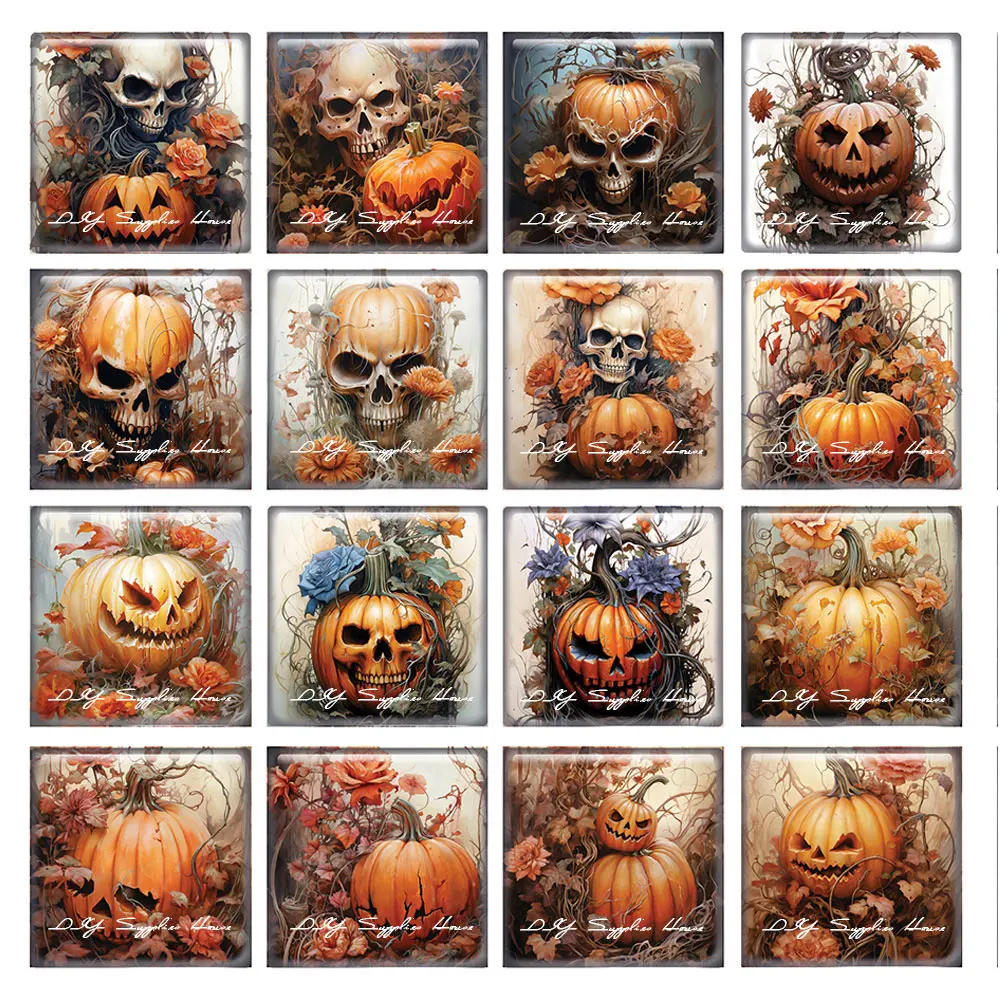 

10pcs/lots Halloween Skull Head Pumpkin Face Flower Square Photo Glass Cabochon Demo Flat Back Cameo For Diy Jewelry Making