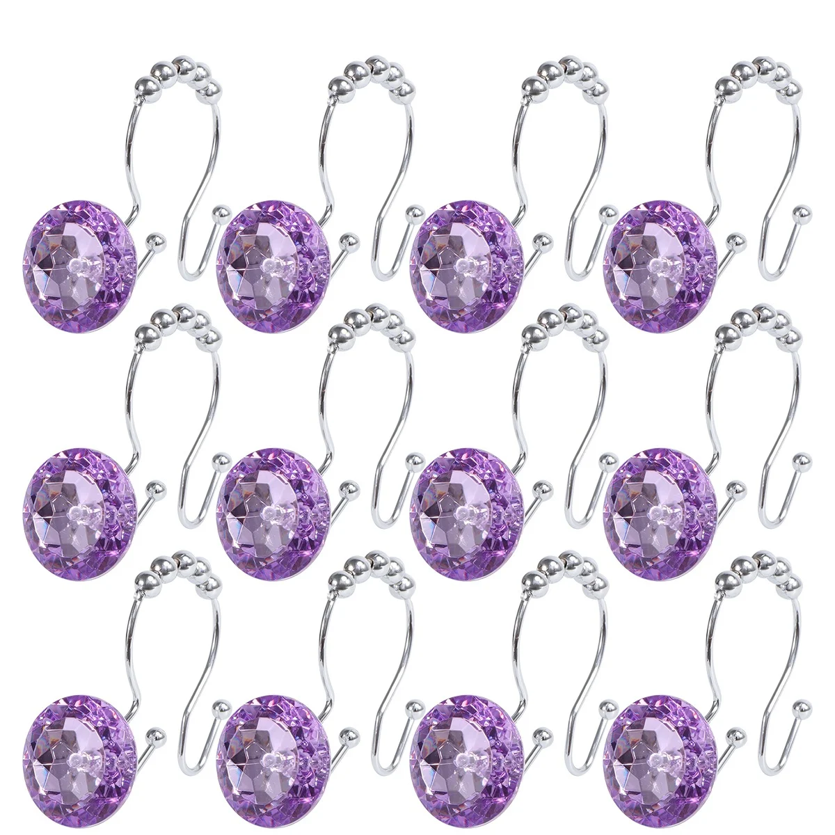 

12pcs Crystal Shower Curtain Hooks Rust Resistant Glide Double Hooks For Shower Liner Hangs Bathroom Accessories Purple