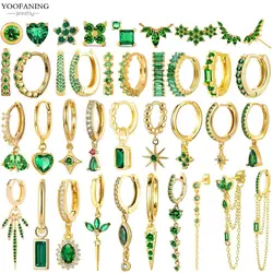 925 Sterling Silver Ear Needle Small Fresh High Grade Hoop Earrings Green Zircon Green Series Classic Earrings for Women Jewelry