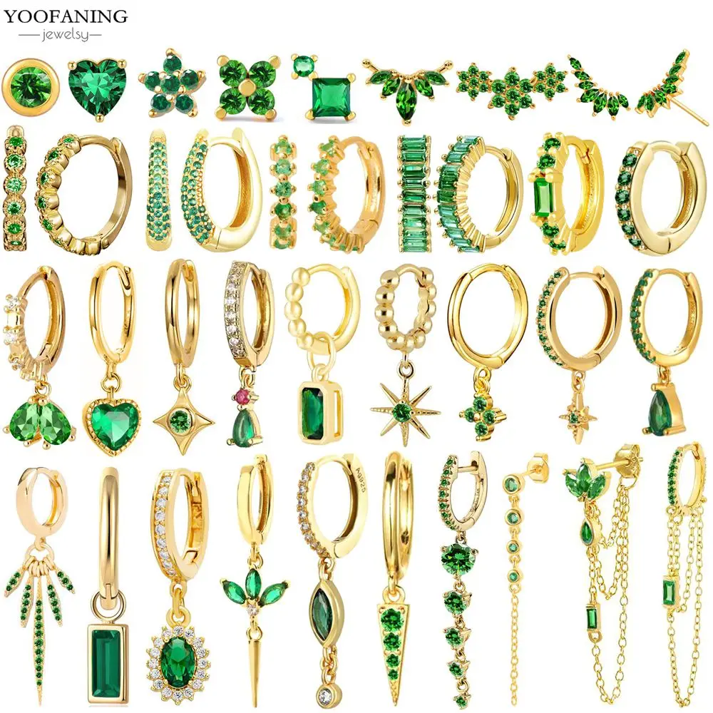 925 Sterling Silver Ear Needle Small Fresh High Grade Hoop Earrings Green Zircon Green Series Classic Earrings for Women Jewelry
