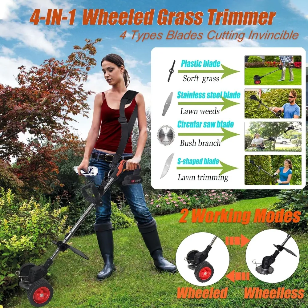 Electric Weed Wacker Cordless , 24V/2000mAh Brush Cutter with 4 Types Blades, Lightweight Wheeled Grass Trimmer/Weed Trimmer