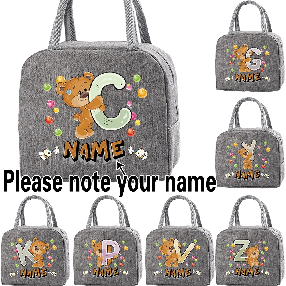 Customize Any Name Lunch Bags Canvas Grey Handbag Portable Travel Picnic Breakfast Box Children Thermal Lunch Bag Tote Food Bag