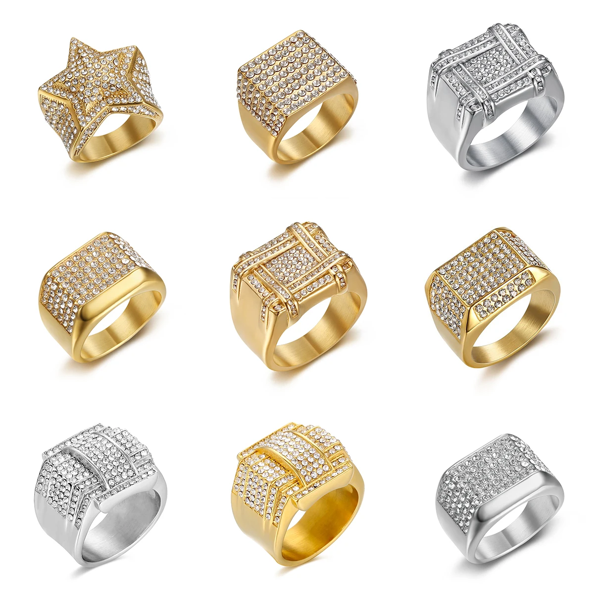 

Punk Iced Out Star Ring Bling Full Rhinestone Stainless Steel PVD Gold Plated Luxury Hip Hop Jewelry for Men Gift