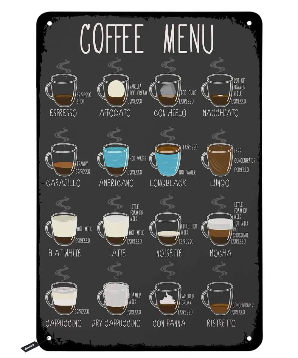 Swono Coffee Menu Tin Signs,Kinds of Coffee Service Here Vintage Metal Tin Sign for Men Women,Wall Decor for Bars,Restaurants,Ca