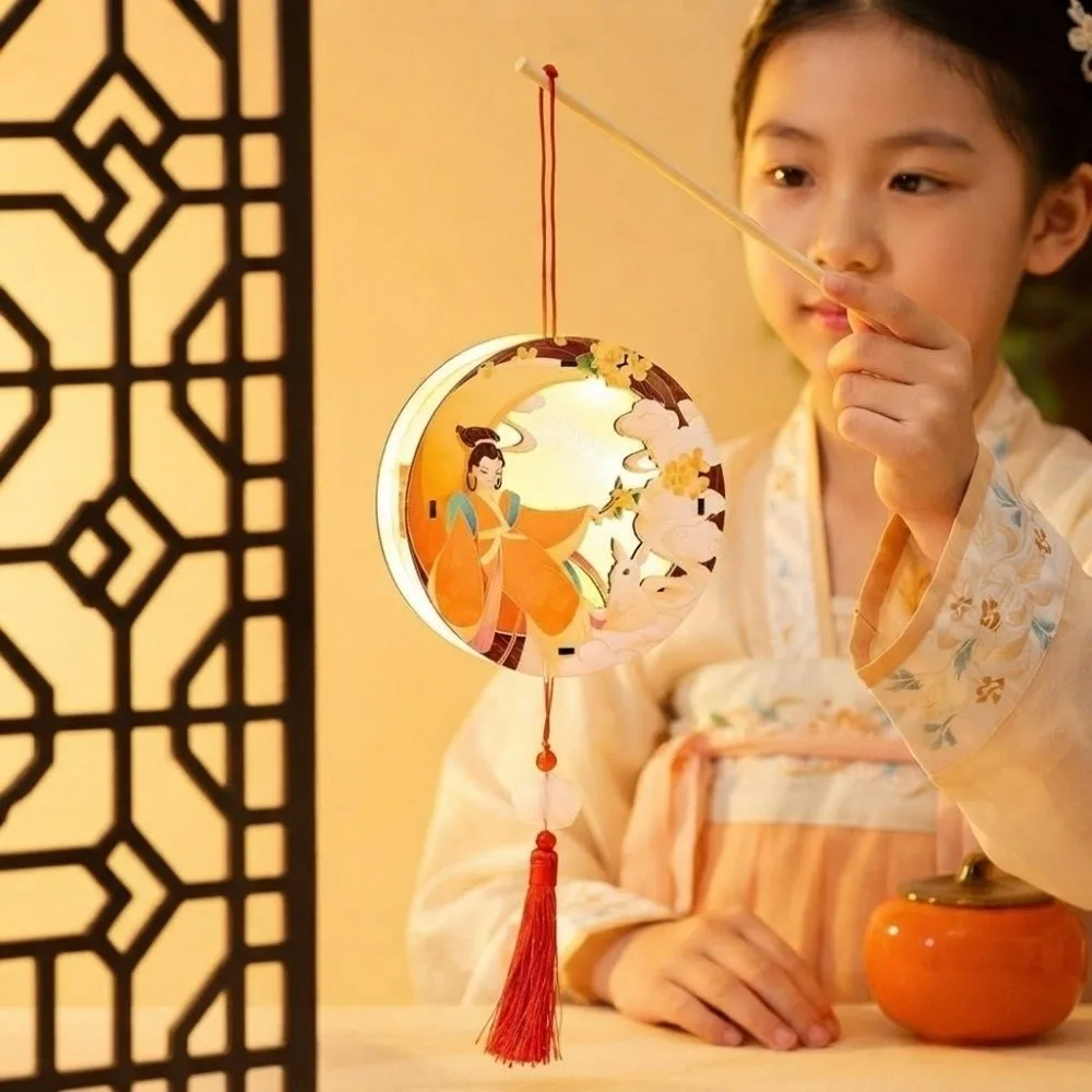 Shadow Box Style Moon Goddess Lantern Translucent Multi-Layered Paper Paper Cut Shadow Lamp Knot Hanging Rope Circular Wood