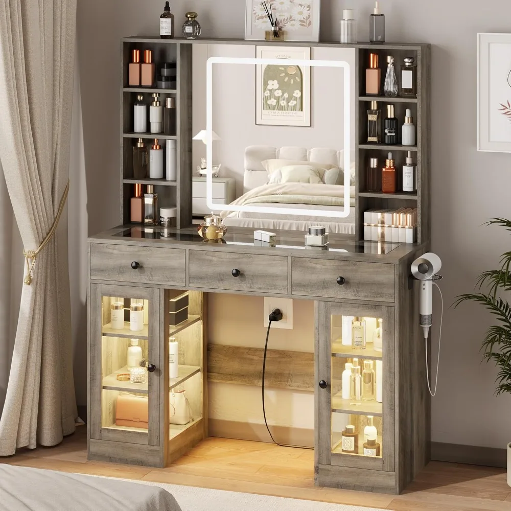 

Grey Vanity Desk with Mirror and Lights, Glass Top Vanity with Lighted Mirror & RGB Cabinet and 3 Drawers, Dressing, Customized