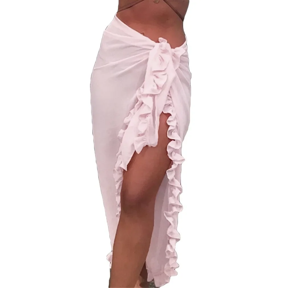 Women Sunscreen Half Dress Bikini Cover-Ups Ruffle Solid See-Through Chiffon Beach Holiday Casual Wrap Scarf Swimwear Skirt