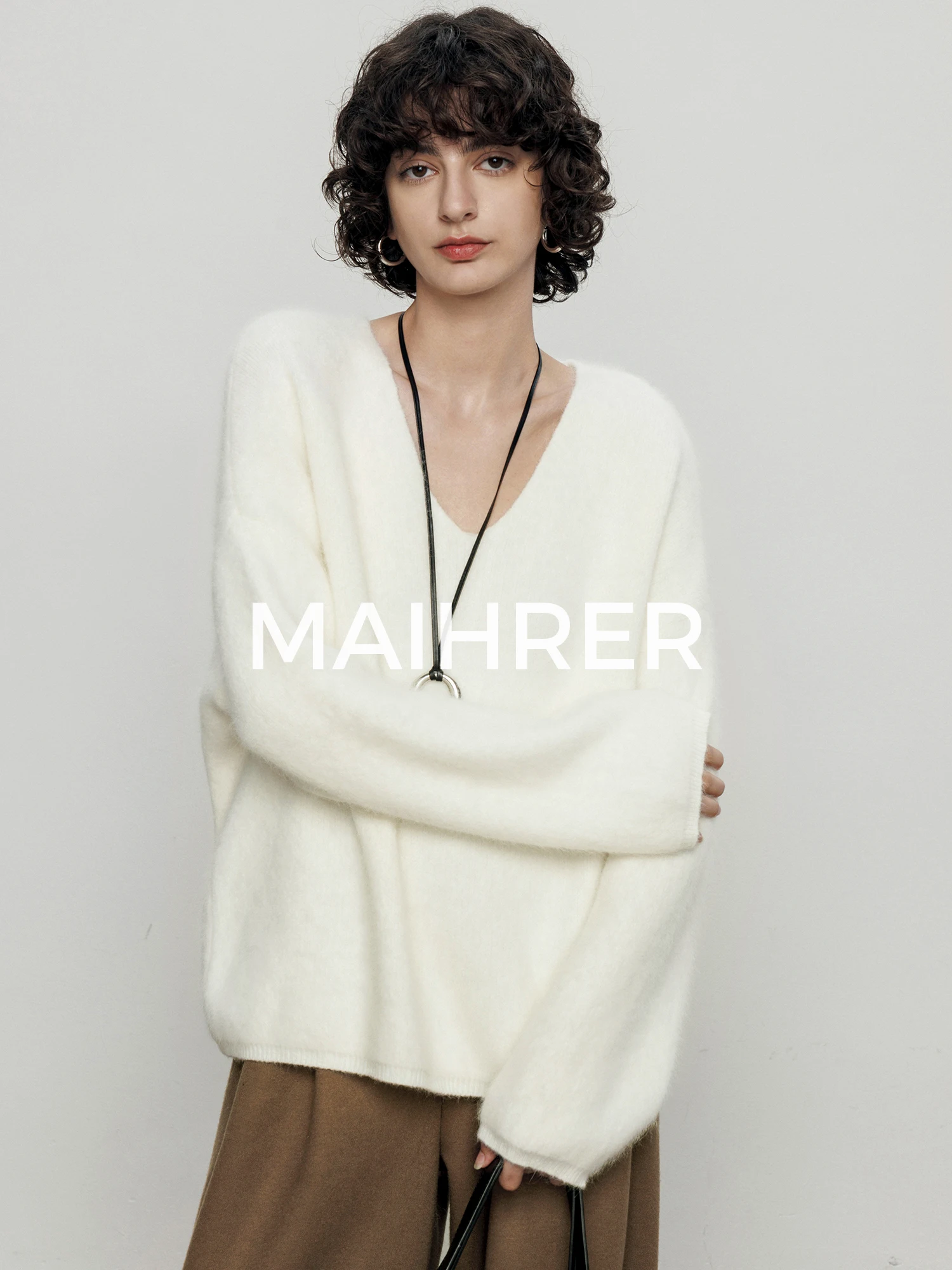 

Maiherv Women's Long Sve V-Ne Knitted Sweater Pure Color Rabbit Fur Loose Casual Sle Autumn Winter Comfortable Top