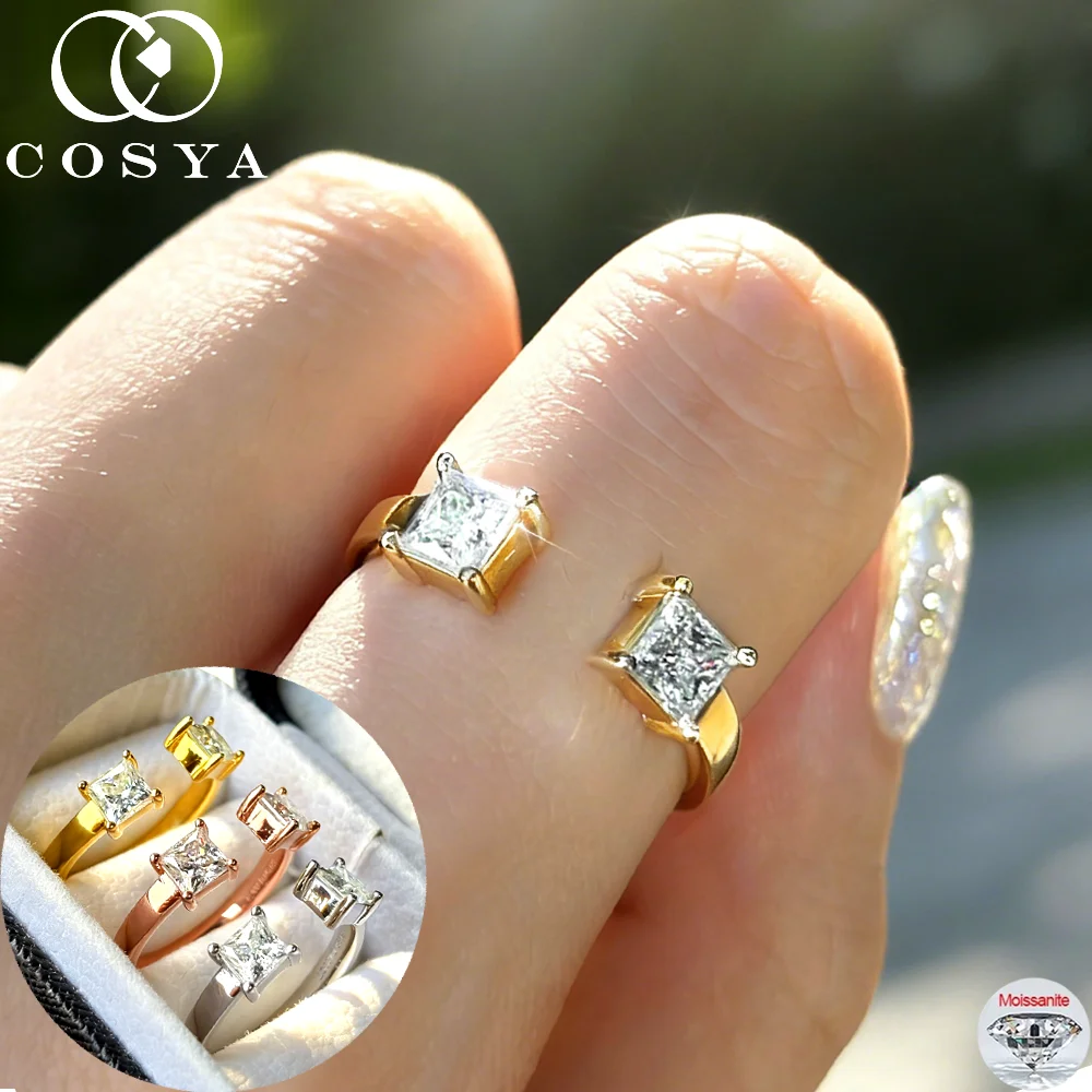 

Кольца COSYA с муассанитом 1 карат огранки «Принцесса» для женщин, серебро S925 с покрытием из 18-каратного золота, регулируемые, с 2 камнями, свадебные, открытые, ювелирные изделия высокого качества