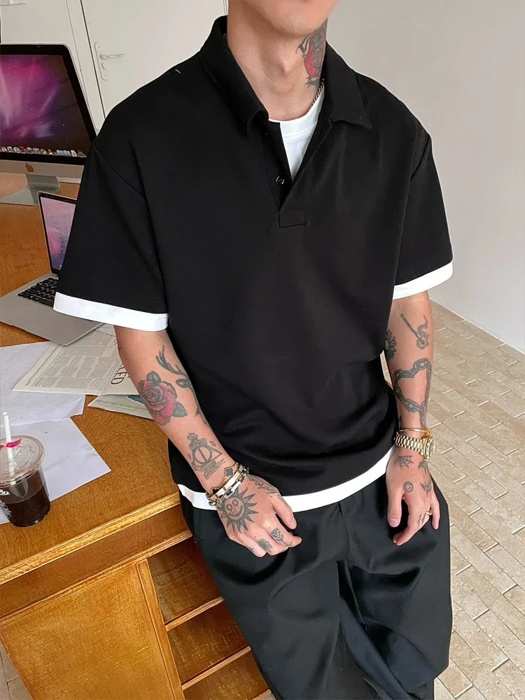 Loose Fit Retro American Style Short Sleeve  Shirt Men Summer Casual Commute Flip Collar T-Shirt Fake Two-Piece Ice Sensa...