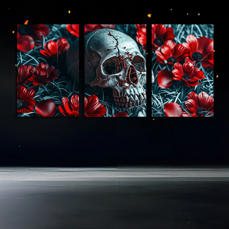 Canvas Wall Art Set of 3, Floral Skull Decor, Unframed Triptych Prints for Bedroom and Living Room Decoration, 12x18 Inches -