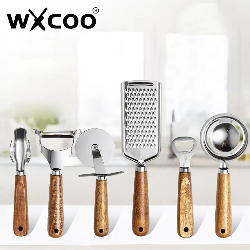 WXCOO Cooking Kitchen Tools Pizza Cutter Can Opener Cheese Knife Peeler Cutting Stainless Steel Kitchen Gadget Wood Handle