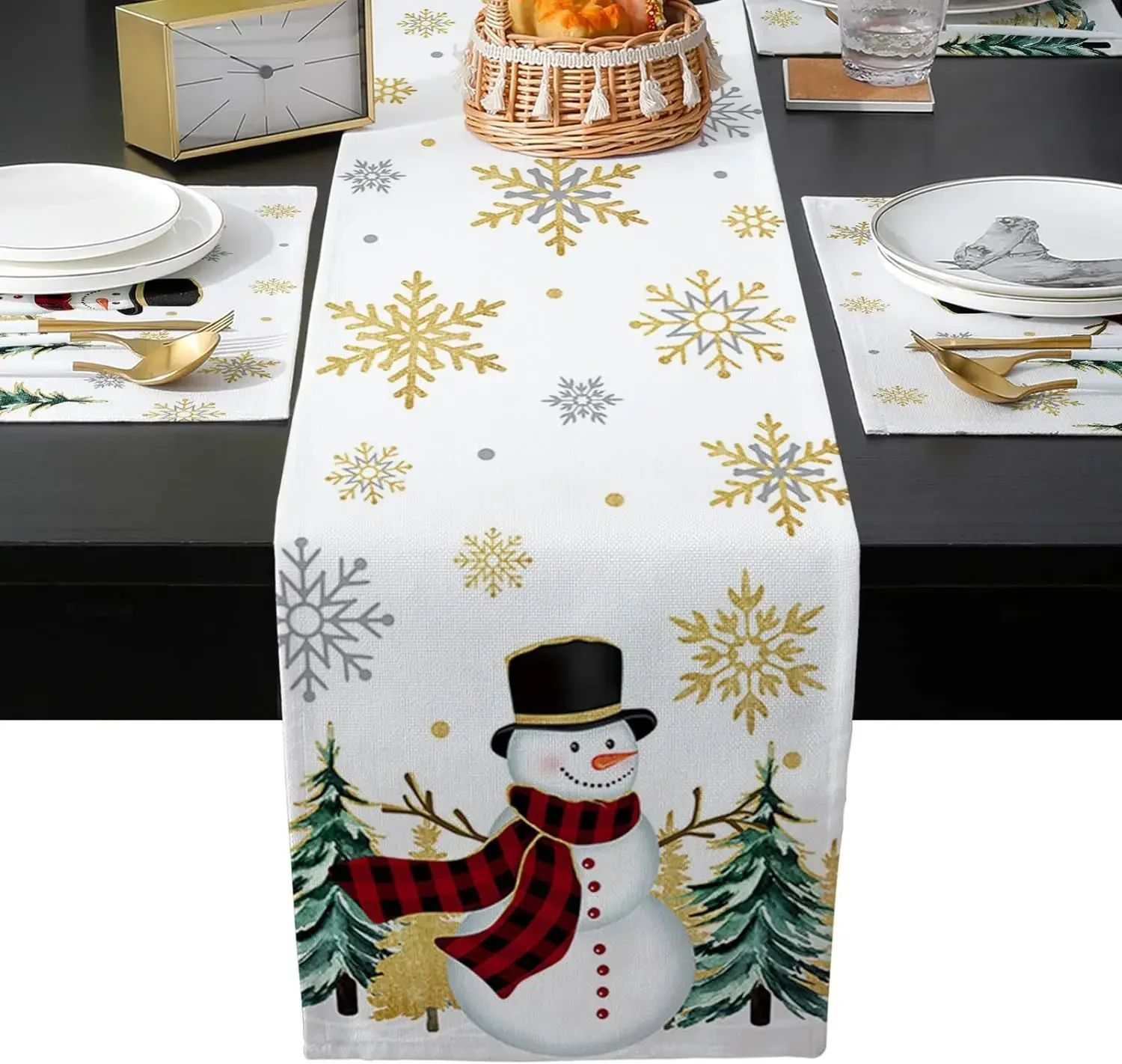 Christmas Golden Snowflake Pine Tree Linen Table Runners Party Decor Winter Snowman Dining Table Runners Christmas Decorations