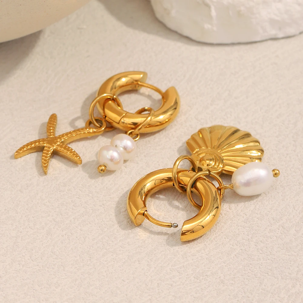 E.B.belle Summer Holiday Asymmetry Pearl Shell Starfish Pendant Earrings 18K Gold Plated Stainless Steel Island Girl Ear Jewelry