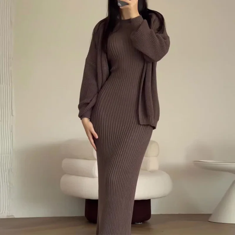 Autumn and Winter New Solid Color Tight Fitting Slimming Base Sweater Cardigan Dress Set Two-piece Set