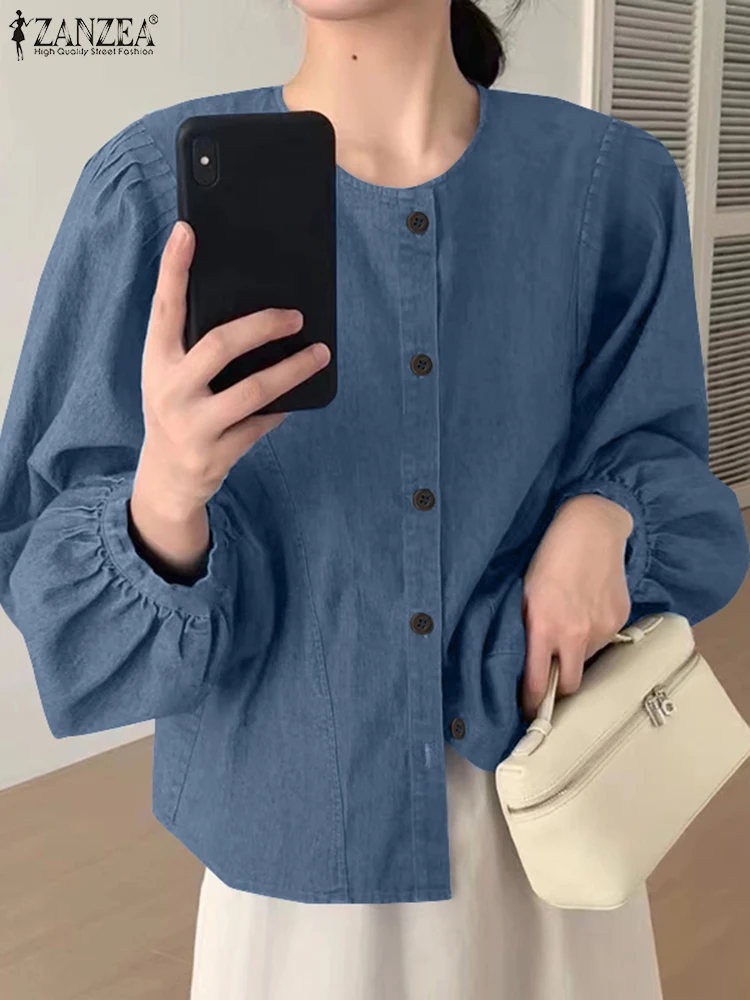 2024 ZANZEA Elegant Long Sleeve Work Shirt Women Stylish Denim Blue Blouse Autumn Fashion Buttons Up Tops Spring Party Blusas