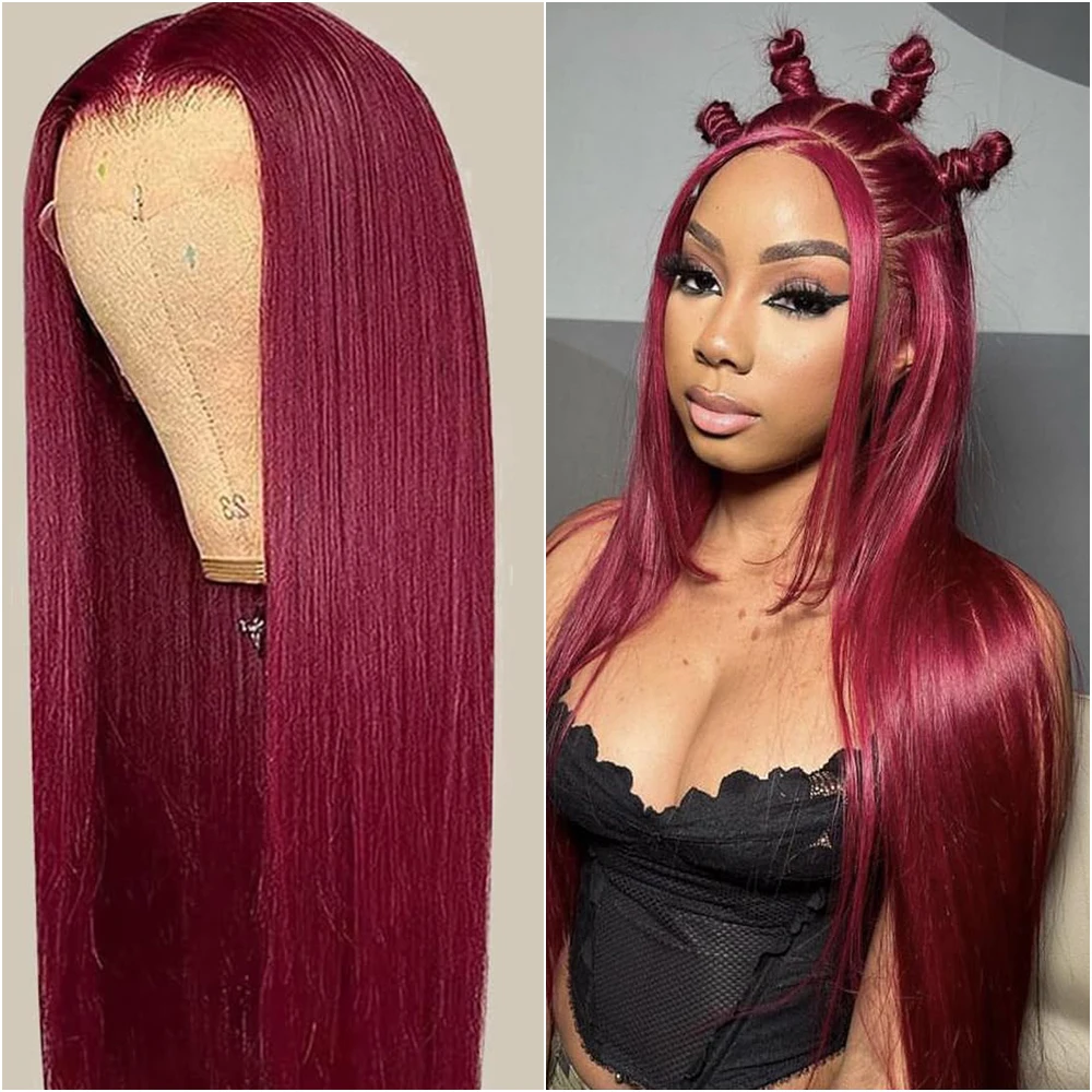 

200 Density 99J Burgundy 13x6 Lace Frontal Human Hair Wigs Brazilian Colored 36 Inch Straight Red Lace Front Wigs Human Hair