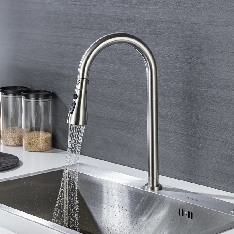 

Single Cold Pull Out Sink Faucets Deck Mounted Three Modes Kitchen Sink Faucet One Hole Rotatable Vessel Sink Faucet Brushed