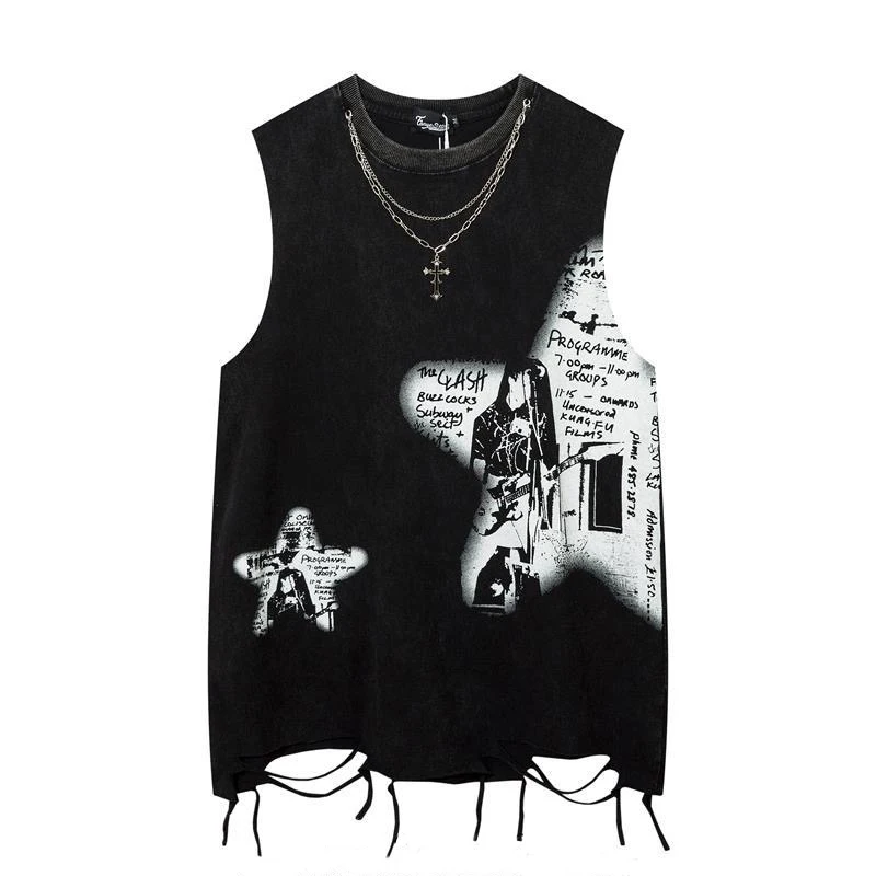 ARENS Hip Hop Fashion Tank Tops Men's Graffiti Printed Necklace Sleeveless T-Shirt Ripped Hole Harajuku Dancing Tops Streetwear