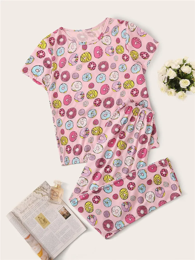 Women's Pajamas Set 2 Piece Donuts Print Pyjama Soft Sleepwear Spring Summer Short Sleeve Long Pants Pijama Mujer Pjs Homewear